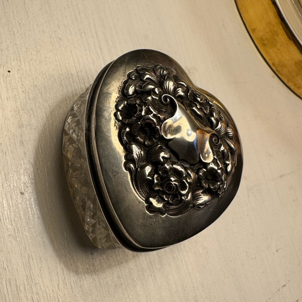 Vintage sterling silver heart glass trinket box